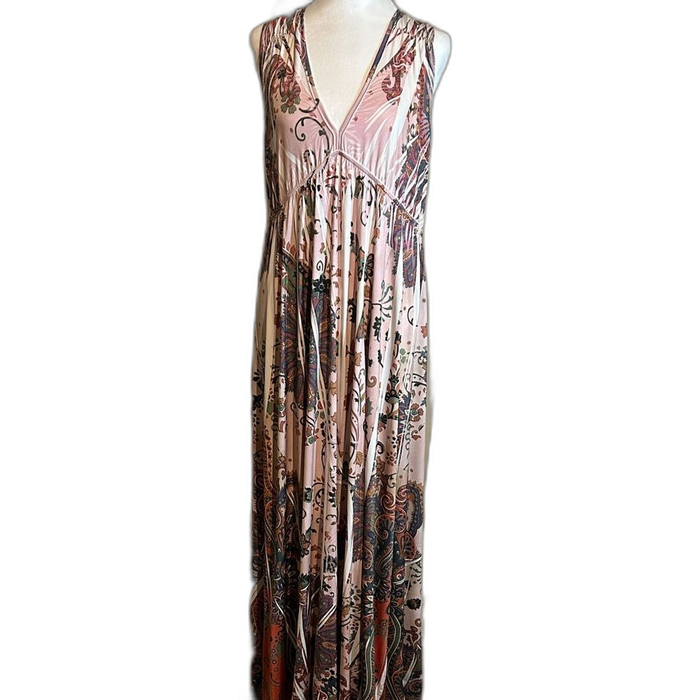 Emerald Pink Floral Silky Slip Maxi Dress Size L Y2K Cottagecore Boho V-Neck